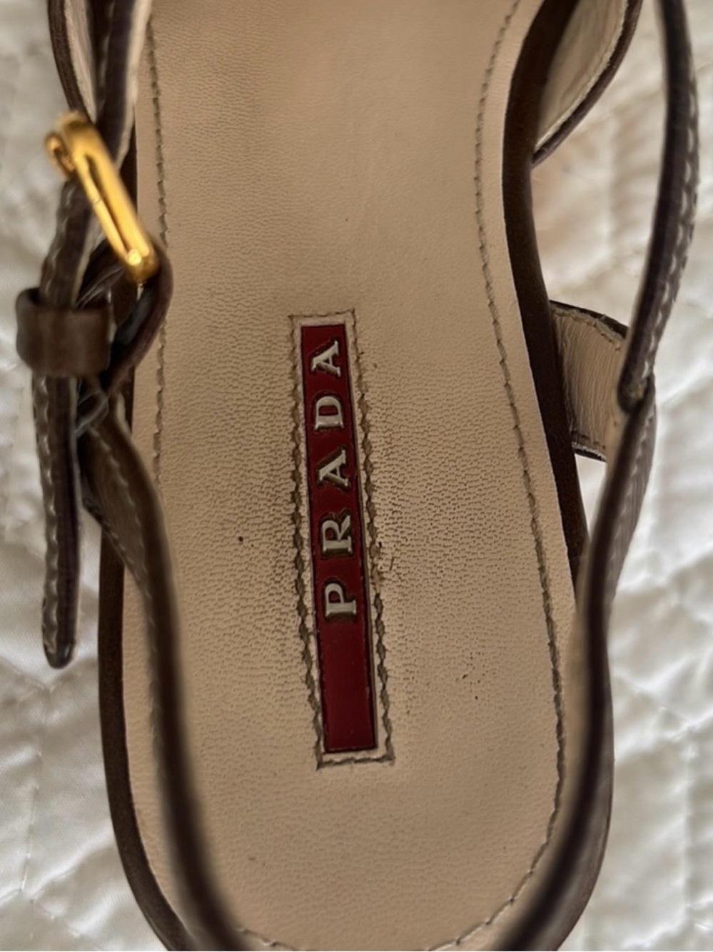 Prada Brown Leather Cork Wedge Sandals with Gold Buckle - Picture 7 of 9